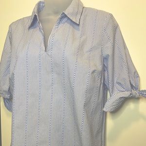 Talbots Blue White Striped Cotton Tunic Blouse with Tie Sleeves Size Petite Med